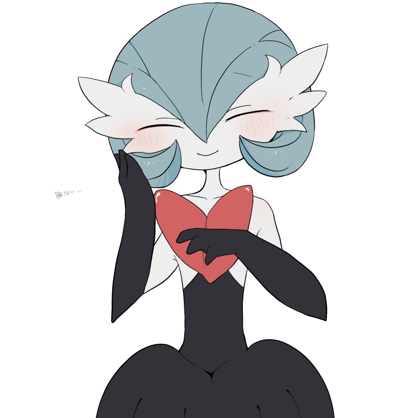 1girl ^_^ alternate_color bare_shoulders black_dress black_gloves blue_hair blush bob_cut closed_eyes closed_mouth collarbone colored_skin dress elbow_gloves facing_viewer female_focus flat_chest flat_color gardevoir gen_3_pokemon gloves hair_between_eyes hand_on_own_chest hands_up happy highres japanese_text mega_gardevoir mega_pokemon nintendo pokemon pokemon_(creature) shiny_pokemon short_hair simple_background smile solo standing straight-on strapless strapless_dress translation_request upper_body white_background white_skin yamada_(pixiv_24040206)