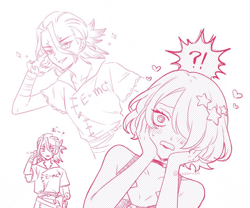 !? 1boy 1girl @_@ blush dr._stone e=mc2_(equation) hair_between_eyes hair_ornament hair_over_one_eye hands_on_own_cheeks hands_on_own_face heart highres ishigami_senkuu kazaruze luna_wright monochrome multiple_views open_mouth short_hair simple_background smile sparkle spiked_hair star_(symbol) white_background