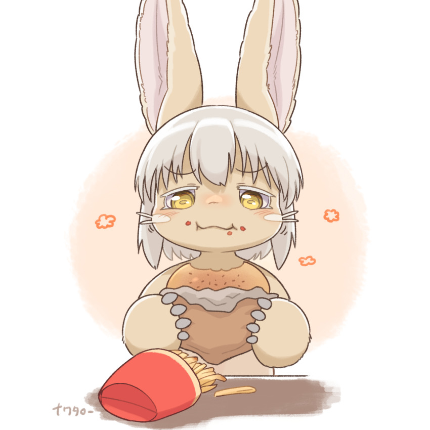 1other animal_ears blush body_fur brown_background burger closed_mouth commentary eating english_commentary food food_on_face french_fries gomuhimo_(nawataro) grey_hair highres holding made_in_abyss medium_hair nanachi_(made_in_abyss) simple_background solo straight-on tareme thick_arms upper_body whiskers white_background yellow_eyes