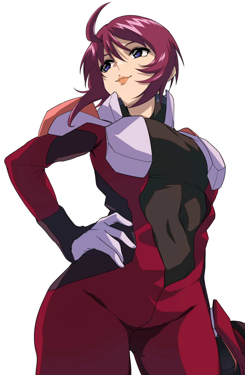 1girl absurdres ahoge atamadarurun breasts gloves gundam gundam_seed gundam_seed_freedom helmet highres holding lunamaria_hawke mecha_pilot_suit military military_uniform normal_suit_(gundam) pilot pilot_helmet purple_eyes purple_hair science_fiction short_hair simple_background smile solo white_background