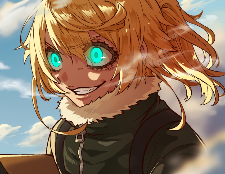 1girl blonde_hair blue_eyes bomber_jacket evil_grin evil_smile flying glowing glowing_eyes grin jacket monotsuki smile tanya_degurechaff youjo_senki