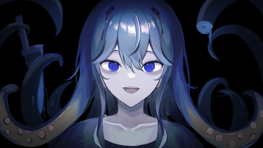 1girl :d @_@ absurdres black_background black_shirt bleeding blood blue_eyes blue_hair collarbone commentary_request hair_between_eyes highres kkamkkam long_hair looking_at_viewer missing_horns open_mouth original portrait shirt smile solo straight-on suction_cups tentacle_hair