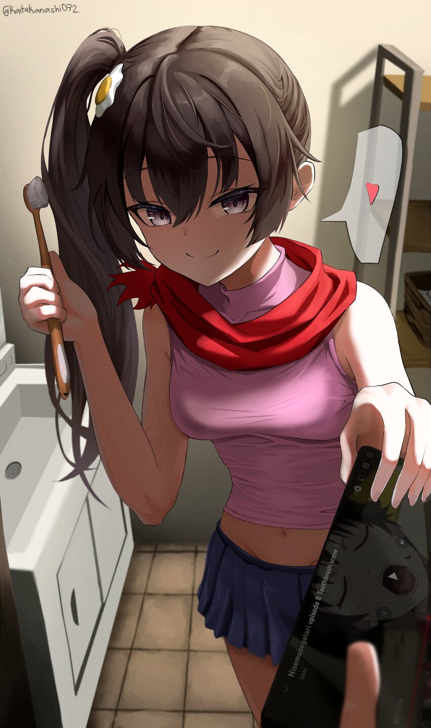 1boy 1girl absurdres araragi_karen araragi_karen_(cosplay) artist_name bathroom blue_skirt breasts brother_and_sister brown_eyes cellphone closed_mouth cosplay egg_hair_ornament food-themed_hair_ornament grey_eyes hair_between_eyes hair_ornament hands_up heart highres holding holding_toothbrush kai_takanashi kuze_masachika looking_at_viewer medium_breasts midriff miniskirt monogatari_(series) navel nisemonogatari out_of_frame phone pink_shirt pov red_scarf scarf shirt siblings side_ponytail sink skirt sleeveless sleeveless_shirt smartphone smile solo_focus spoken_heart suou_yuki tile_floor tiles tokidoki_bosotto_roshia-go_de_dereru_tonari_no_alya-san toothbrush twitter_username