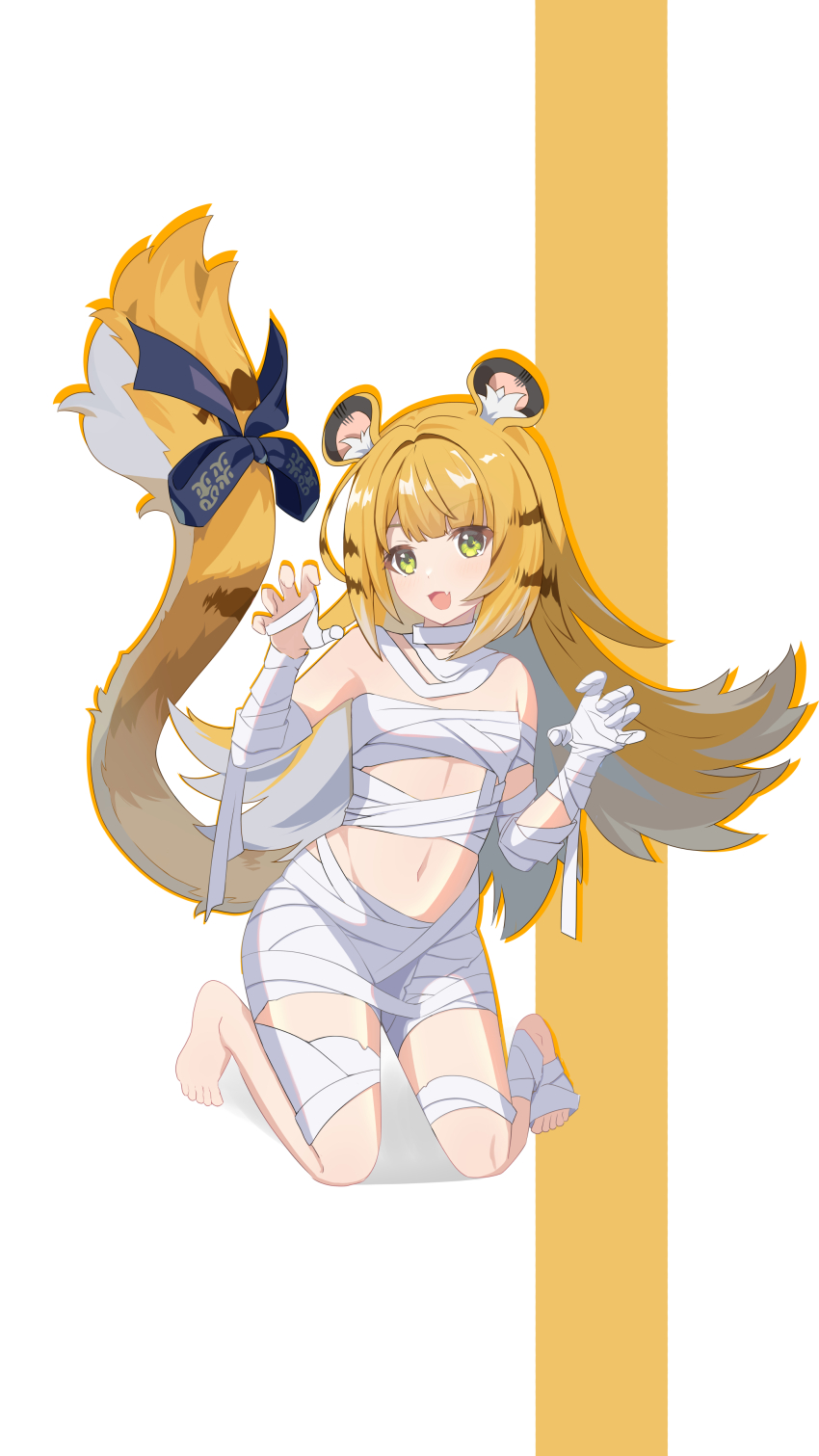 1girl :d absurdres animal_ear_fluff animal_ears bandaged_arm bandaged_leg bandages bare_shoulders blonde_hair flat_chest green_eyes highres ju_fufu kneeling loli long_hair looking_at_viewer naked_bandage navel night_knife open_mouth sarashi smile solo tail tiger_ears very_long_hair white_background zenless_zone_zero