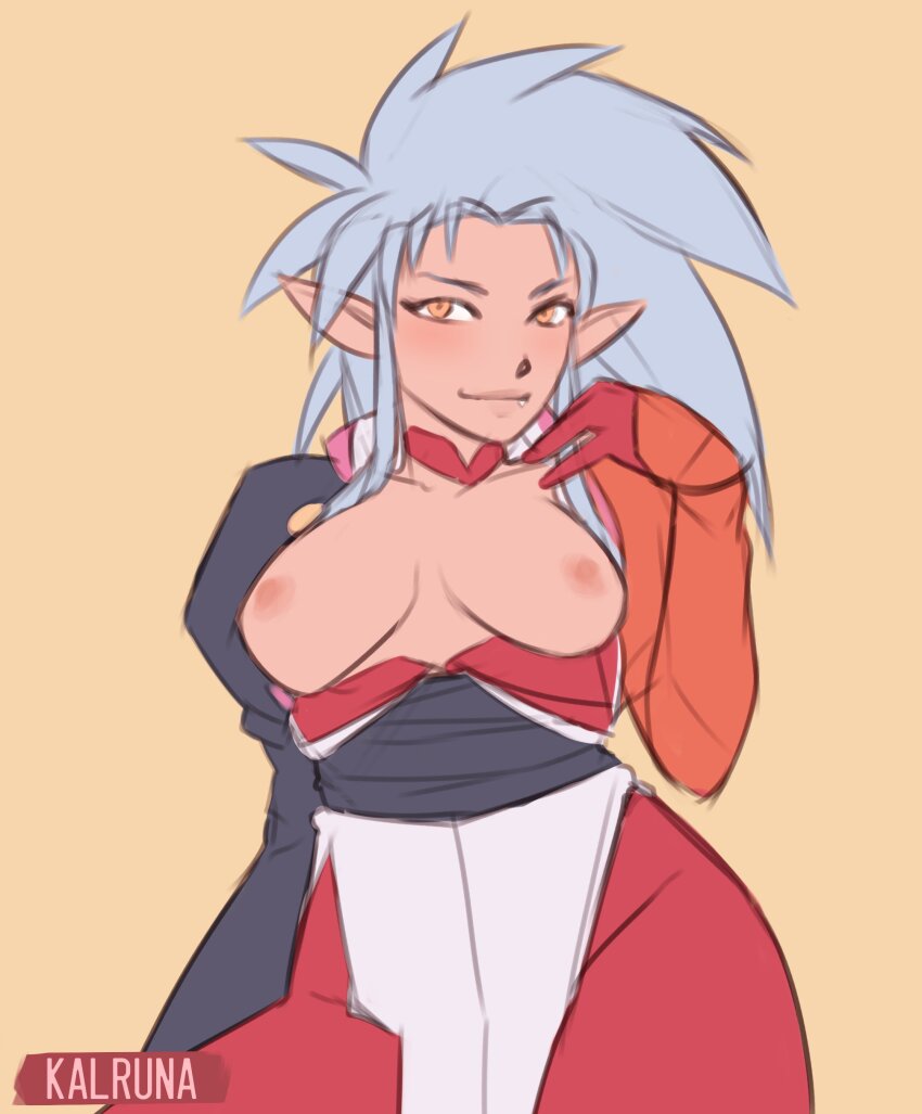 1girl absurdres breasts breasts_out highres kalruna medium_breasts pointy_ears ryouko_(tenchi_muyou!) spiked_hair tenchi_muyou! white_hair yellow_eyes