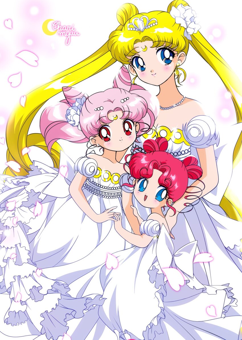3girls artist_name bad_id bad_twitter_id bare_arms bare_shoulders bead_necklace beads bishoujo_senshi_sailor_moon blonde_hair blue_eyes breasts chibi_chibi chibi_usa child cleavage closed_mouth commentary cone_hair_bun crescent crescent_earrings crescent_facial_mark derivative_work detached_sleeves dot_nose double_bun dress drill_hair earrings english_commentary eyelashes facial_mark flower forehead_mark frilled_dress frills gown hair_beads hair_bun hair_flower hair_ornament hand_on_another&#039;s_arm happy heart heart-shaped_hair highres honeymoonpetal jewelry light_blush light_particles long_dress long_hair looking_at_viewer mother_and_daughter multiple_girls necklace official_style open_mouth parted_bangs petals pink_hair princess_serenity puffy_short_sleeves puffy_sleeves red_eyes red_hair short_hair short_sleeves short_twintails small_lady_serenity smile strapless strapless_dress stud_earrings tareme tiara tsukino_usagi twin_drills twintails very_long_hair white_background white_dress white_flower white_sleeves