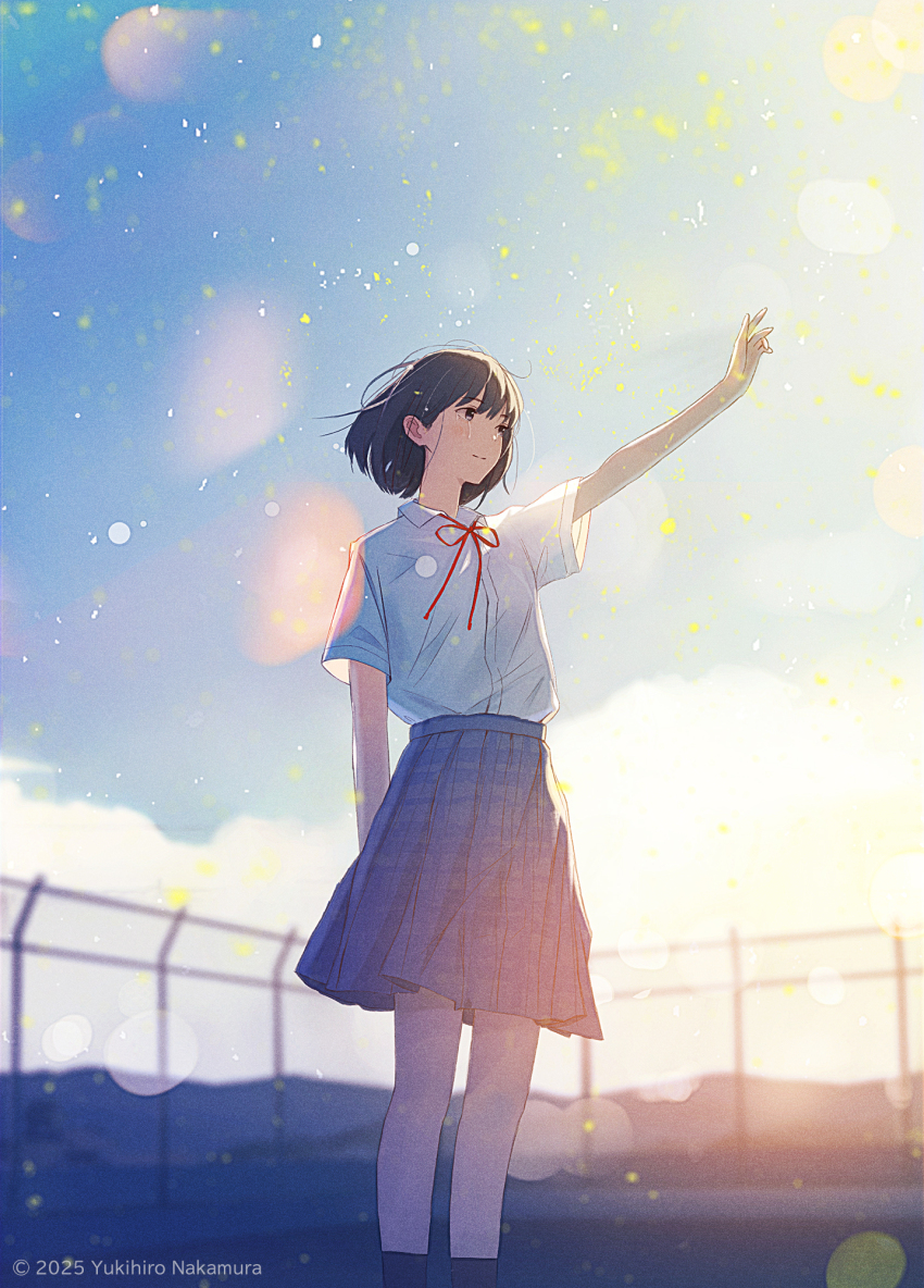 1girl arm_up bare_legs black_eyes black_hair blue_skirt cloud cloudy_sky commentary_request fence highres looking_up nakamura_yukihiro original shirt short_hair signature skirt sky solo sparkle standing white_shirt