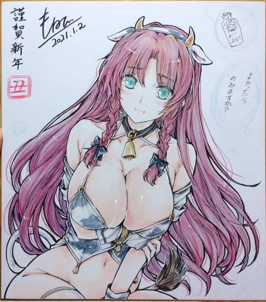 1girl alternate_costume animal_ear_hairband animal_ears animal_print arm_under_breasts bell black_bow blush bow braid breasts chinese_zodiac cleavage closed_mouth commentary_request cow_ears cow_horns cow_print cow_tail dated fake_animal_ears fake_horns green_eyes hair_bow hairband highres hong_meiling horn_hairband horns huge_breasts light_smile lingerie long_hair looking_at_viewer monety navel neck_bell red_hair shikishi signature solo swimsuit tail touhou traditional_media translation_request twin_braids underwear very_long_hair year_of_the_ox