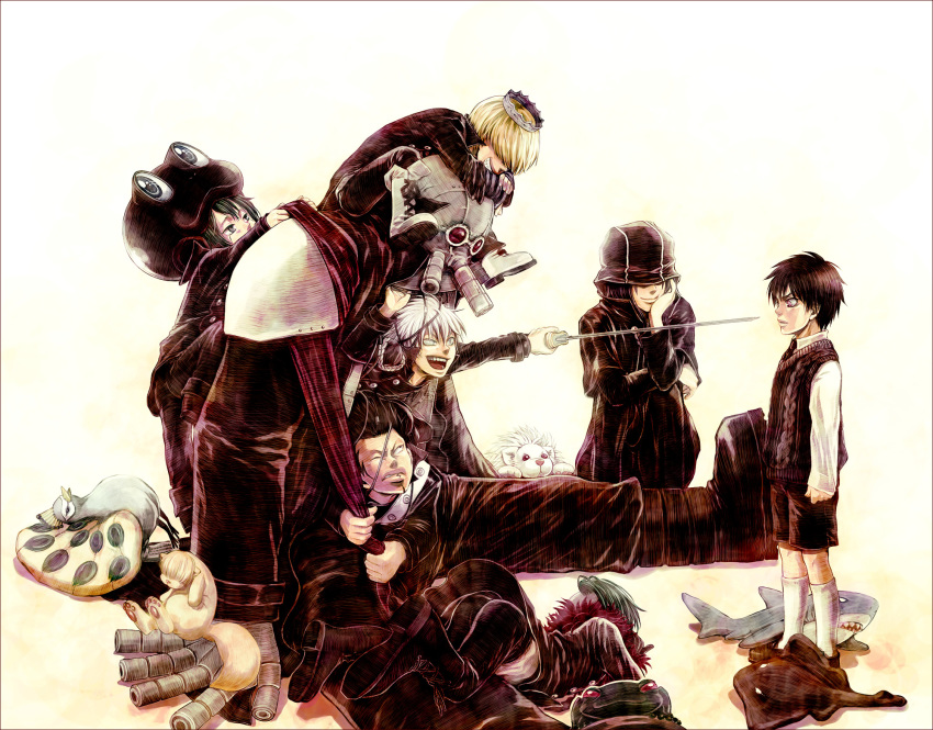 6+boys animal_hat bad_id bad_pixiv_id belphegor_(reborn) bird blonde_hair boots child everyone fran_(reborn) frog gola_mosca green_eyes green_hair grey_hair grin hair_over_eyes hat highres katekyo_hitman_reborn! levi-a-thon lussuria_(reborn) male_focus mammon_(reborn) multiple_boys necktie peacock purple_hair robot sekika shark simple_background smile superbi_squalo sweater sword tiara toy varia weapon xanxus