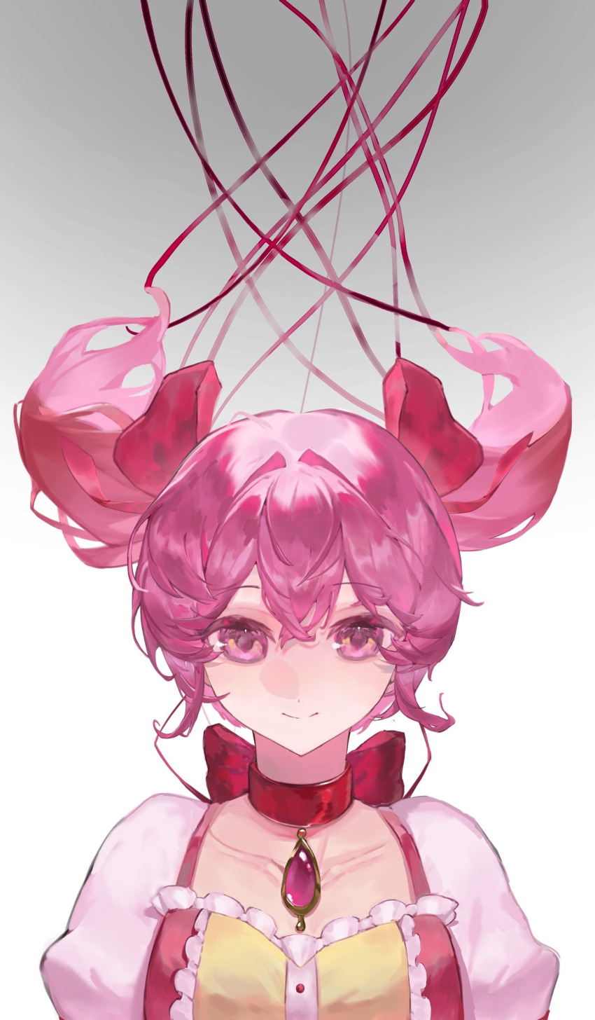1girl absurdres baicha_nuwang bow bow_choker buttons center_frills chest_jewel choker closed_mouth collarbone dress floating_hair frilled_dress frills gem gradient_background grey_background hair_between_eyes hair_bow hair_floating_upwards hair_intakes happy hashtag-only_commentary highres kaname_madoka light_blush looking_at_viewer magical_girl mahou_shoujo_madoka_magica mahou_shoujo_madoka_magica_(anime) pink_bow pink_dress pink_eyes pink_gemstone pink_hair pink_ribbon puffy_short_sleeves puffy_sleeves red_bow red_choker ribbon short_hair short_sleeves short_twintails simple_background smile solo square_neckline straight-on twintails upper_body white_background white_sleeves
