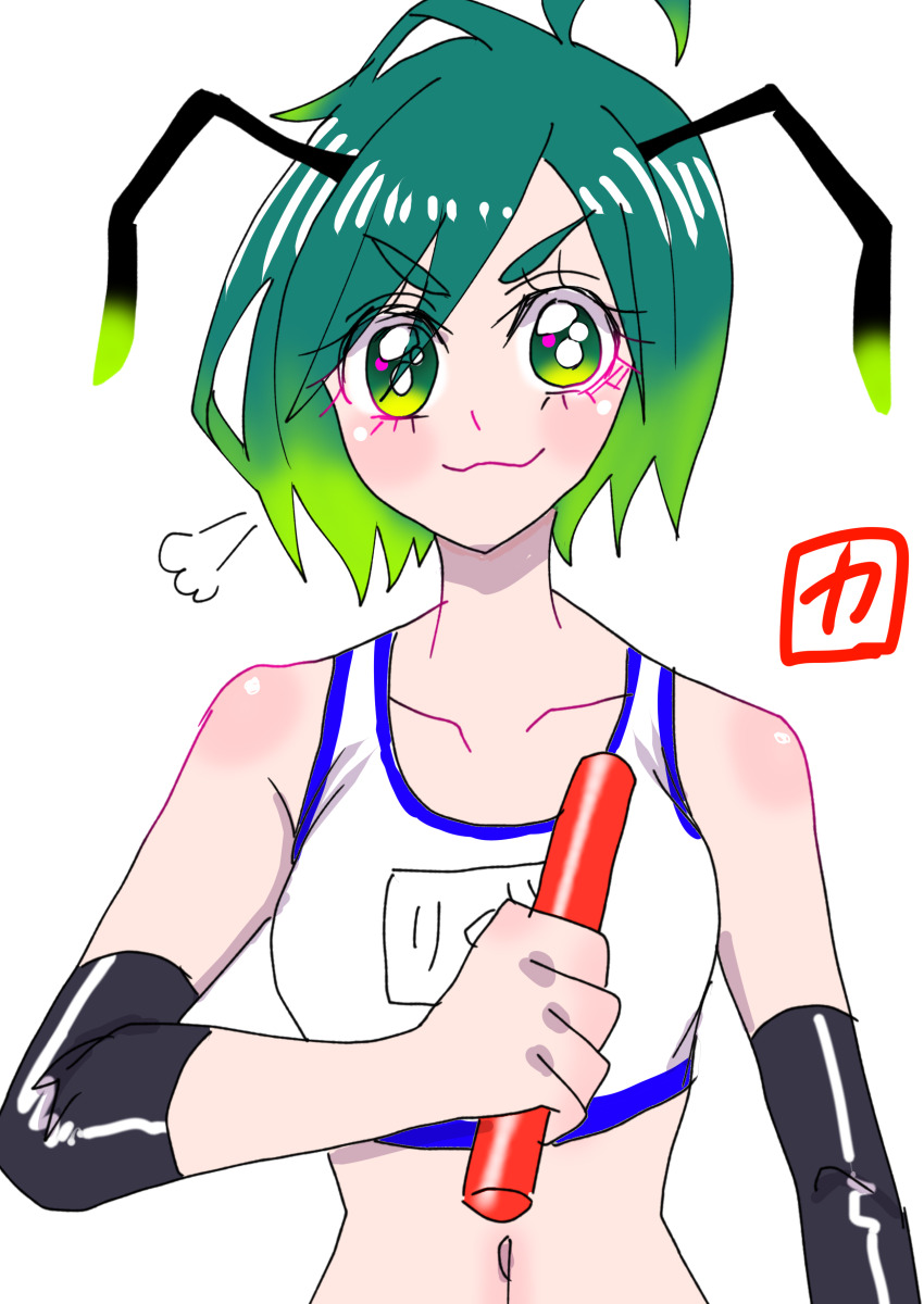 1girl :3 absurdres alternate_costume antennae blush breasts bright_pupils closed_mouth commentary_request compression_sleeve gradient_hair green_eyes green_hair highres looking_at_viewer multicolored_hair puff_of_air relay_baton short_hair simple_background small_breasts smile solo tokatokato touhou upper_body v-shaped_eyebrows white_background white_pupils wriggle_day wriggle_nightbug