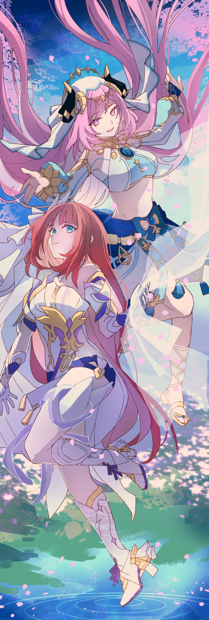2girls absurdres armpits bare_legs black_shorts blue_eyes blue_skirt blue_sky boots breasts cherry_blossoms closed_mouth cosplay crop_top detached_sleeves elbow_gloves elysia_(herrscher_of_human:_ego)_(honkai_impact) elysia_(honkai_impact) elysia_(honkai_impact)_(cosplay) fake_horns frilled_thigh_strap genshin_impact gloves grass hair_between_eyes high_heel_boots high_heels highres honkai_(series) honkai_impact_3rd horns jewelry kk_(kkgame7733) large_breasts leg_up legs long_hair looking_down looking_up medium_breasts midriff mihoyo multiple_girls nilou_(genshin_impact) nilou_(genshin_impact)_(cosplay) open_mouth pink_eyes pink_hair puffy_sleeves red_hair sandals short_shorts short_sleeves shorts skirt sky smile standing standing_on_liquid standing_on_one_leg stomach thigh_strap thighs toes veil very_long_hair white_footwear white_gloves white_veil