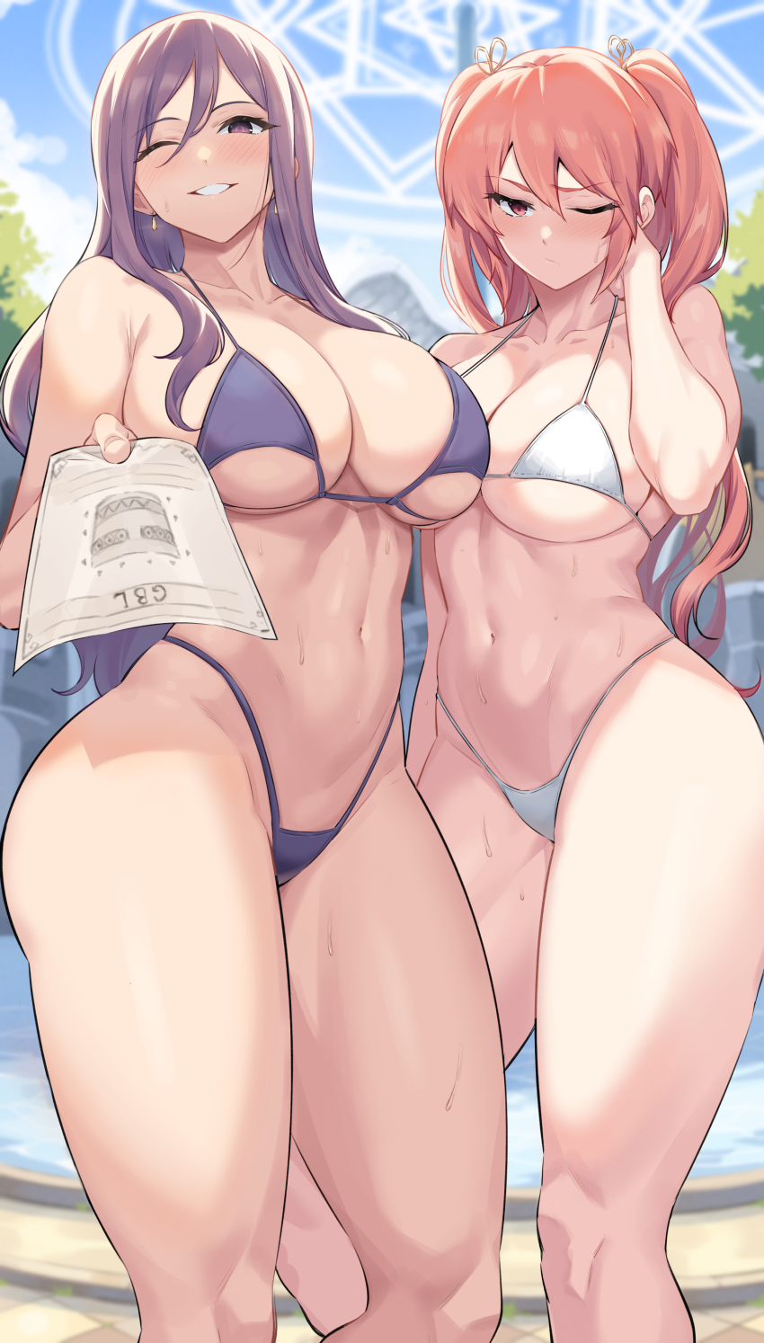2girls abs absurdres bare_legs bare_shoulders bikini breasts dungeon_and_fighter earrings hair_between_eyes highleg highleg_bikini highres isadora_(dungeon_and_fighter) jewelry kook large_breasts long_hair looking_at_viewer micro_bikini multiple_girls one_eye_closed ophelia_bagrans outdoors purple_bikini purple_eyes purple_hair red_eyes red_hair smile standing summer sweat swimsuit thighs white_bikini