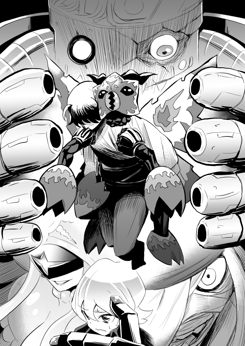 absurdres digimon digimon_ghost_game higashimitarai_kiyoshiro highres jellyfish jellyfish_girl mask monochrome monster_girl mummymon nanomon shadramon tentacle_hair tentacles thetismon
