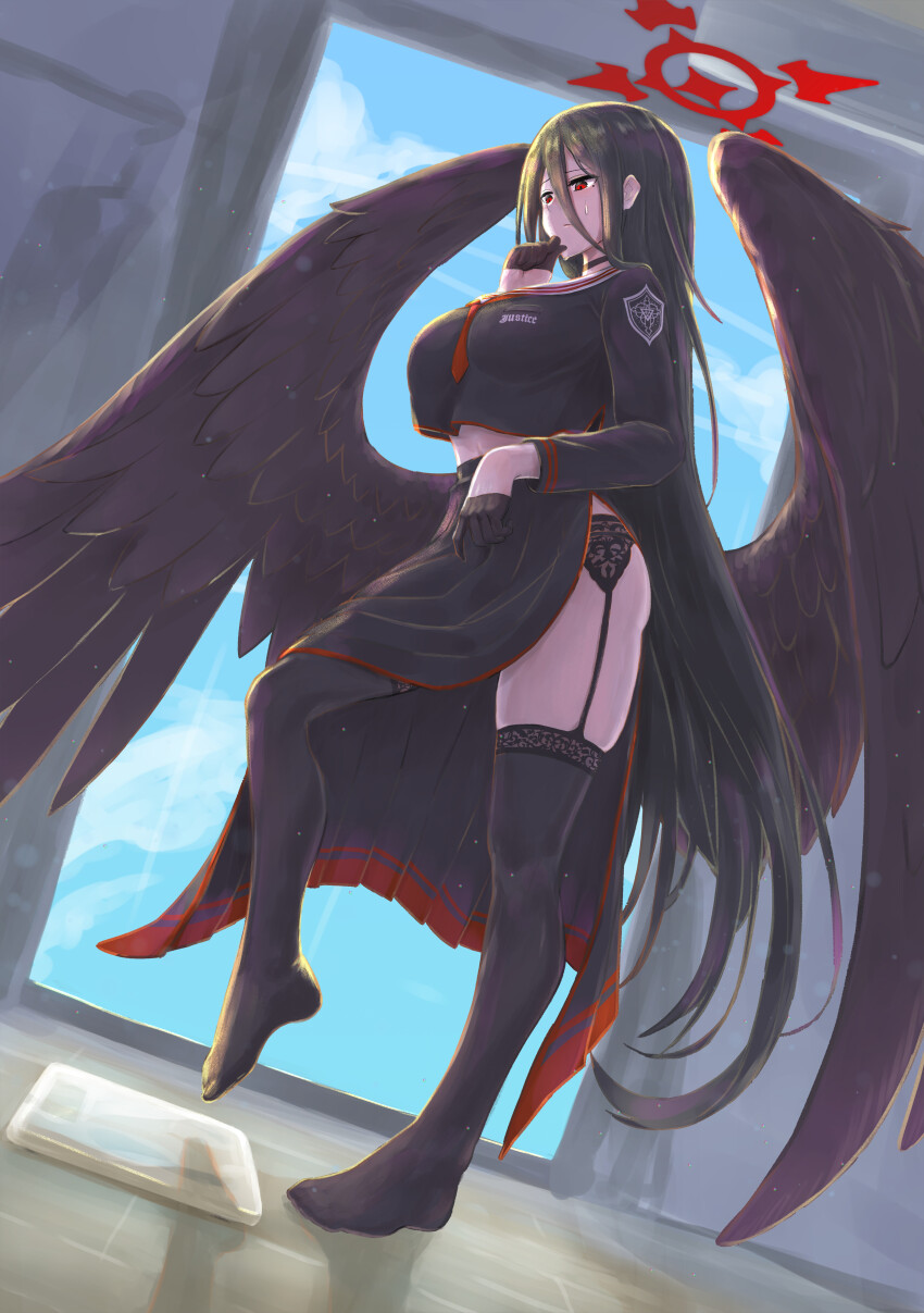 1girl absurdres bathroom_scale black_choker black_gloves black_hair black_serafuku black_skirt black_thighhighs black_wings blue_archive blue_sky breasts choker cloud dutch_angle feathered_wings garter_belt gloves hair_between_eyes half_gloves halo highres large_breasts long_bangs long_hair long_sleeves mole mole_under_eye necktie null_suke red_halo red_necktie school_uniform serafuku side_slit skirt sky solo sweatdrop thighhighs weighing_scale wings
