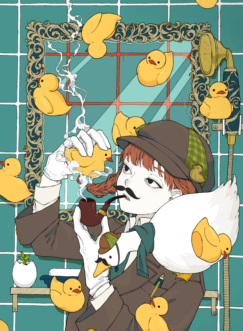 1girl absurdres animal bird black_eyes braid brown_coat brown_hat coat collared_shirt duck fake_facial_hair fake_mustache gloves green_necktie hat highres holding holding_smoking_pipe indoors long_hair long_sleeves maguru_white necktie original parted_lips picture_frame red_hair rubber_duck shirt shower_head smoke smoking smoking_pipe solo teeth upper_body upper_teeth_only white_gloves white_shirt wispy_bangs