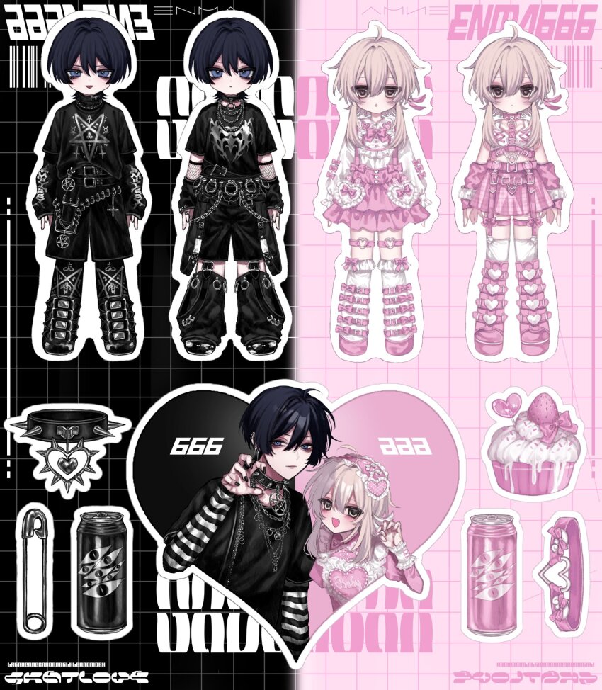 1boy 1girl 666 ahoge alternate_costume arm_bow arms_at_sides barcode belt belt_buckle black_belt black_boots black_gloves black_hair black_leg_warmers black_nails black_shirt black_shorts black_sleeves blonde_hair blunt_ends blush boots bow bright_pupils buckle can chain chain_necklace choker closed_mouth collar contemporary couple cupcake dress drink_can empty_eyes enma666 eyeliner eyeshadow feather_hair_ornament feathers fingerless_gloves fishnet_sleeves fishnets food frilled_collar frilled_dress frilled_hairband frilled_skirt frills fruit genshin_impact gloves goth_fashion grey_eyes hair_between_eyes hair_ornament hairband heart heart-shaped_buckle heart-shaped_pupils heart_choker heart_hair_ornament heart_o-ring hetero highres jewelry layered_sleeves leg_warmers long_sleeves looking_at_viewer lumine_(genshin_impact) makeup multiple_views necklace o-ring o-ring_thigh_strap open_mouth paw_pose pentagram pink_boots pink_bow pink_feathers pink_hairband pink_shoes pink_skirt polar_opposites purple_eyes red_eyeliner red_eyeshadow safety_pin scaramouche_(genshin_impact) shirt shoes short_hair short_hair_with_long_locks short_sleeves shorts sidelocks skirt sleeves_past_wrists soda_can spiked_choker spikes strawberry striped_sleeves symbol-shaped_pupils thigh_strap thighhighs tongue tongue_out too_many too_many_belts too_many_bows variations white_dress white_pupils white_sleeve_cuffs white_thighhighs