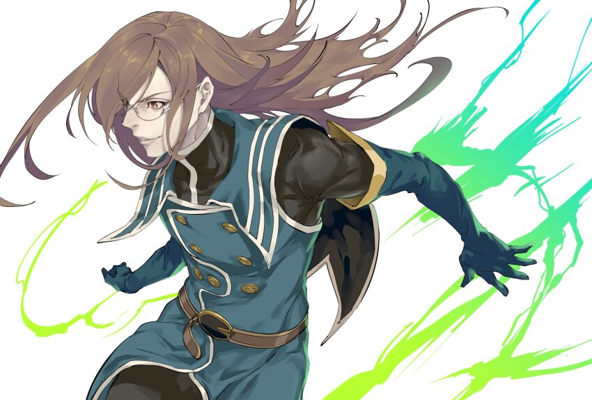1boy belt black_shirt blue_gloves blue_tunic brown_belt brown_hair buttons capelet commentary_request cowboy_shot elbow_gloves floating_hair glasses gloves highres jade_curtiss kin_mokusei layered_clothes long_hair looking_ahead male_focus outstretched_arms parted_lips red_eyes rimless_eyewear shirt smile solo tales_of_(series) tales_of_the_abyss tunic white_background