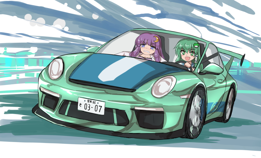 2girls :d blue_eyes blue_sailor_collar car collared_shirt crescent driving frog_hair_ornament green_car green_eyes green_hair hair_ornament hair_tubes happy highres kochiya_sanae long_hair medium_hair motor_vehicle multiple_girls namiki_(remiter00) open_mouth patchouli_knowledge purple_hair road sailor_collar school_uniform serafuku shirt single_hair_tube single_sidelock smile spoiler_(automobile) sports_car steering_wheel tears teeth touhou white_shirt