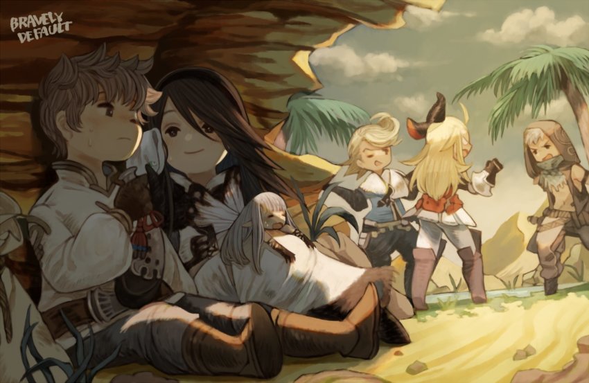 3boys 3girls agnes_oblige airy_(bravely_default) boots bravely_default:_flying_fairy bravely_default_(series) desert edea_lee fairy fairy_wings irono16 jackal_(bravely_default) mini_person minigirl multiple_boys multiple_girls palm_tree ringabel shade sitting sweatdrop tiz_arrior tree water wings wiping_face