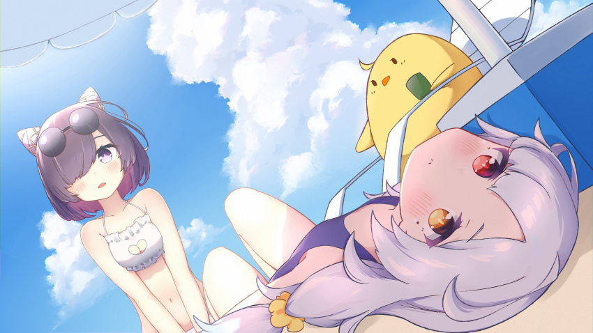 2girls absurdres azur_lane bikini blue_one-piece_swimsuit blue_sky breasts cleavage closed_mouth cloud cone_hair_bun cooler double_bun eyewear_on_head flat_chest frilled_bikini frills hair_bun hair_over_one_eye heterochromia highres jervis_(azur_lane) light_blush looking_at_viewer lying manjuu_(azur_lane) medium_breasts mocha-san mole mole_under_eye multiple_girls nicholas_(azur_lane) nicholas_(summer_cleaning_&quot;volunteer&quot;)_(azur_lane) official_alternate_costume on_back one-piece_swimsuit outdoors purple_eyes purple_hair red_eyes sand short_hair sky swimsuit white_bikini yellow_eyes