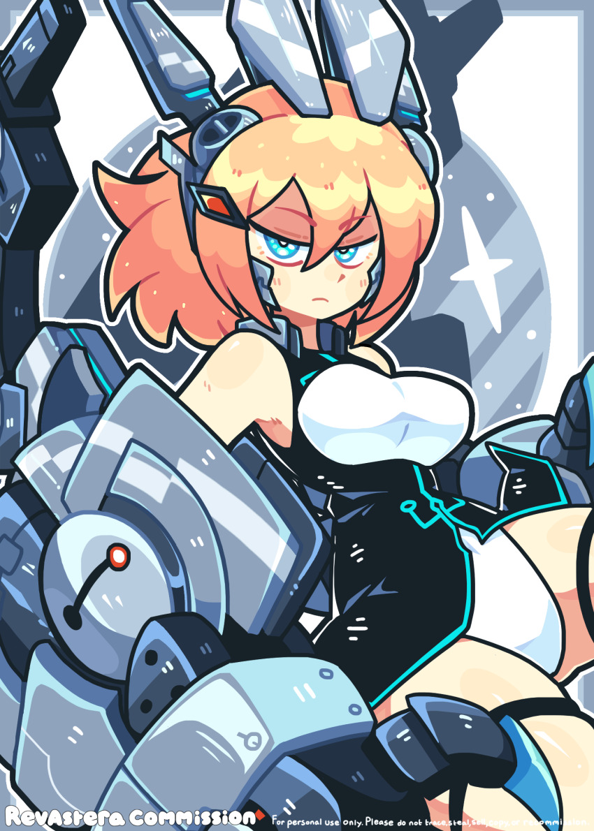 1girl aqua_trim artist_name bare_legs black_dress blonde_hair blue_eyes border closed_mouth colored_lineart commission copyright_notice cosmic_break cowboy_shot deformed dress framed_breasts frown grey_background grey_border half-closed_eyes highres looking_at_viewer mechanical_arms outline panties revastera second-party_source short_dress silva_(cosmic_break) sleeveless sleeveless_dress solo sparkle thigh_strap underwear white_outline white_panties