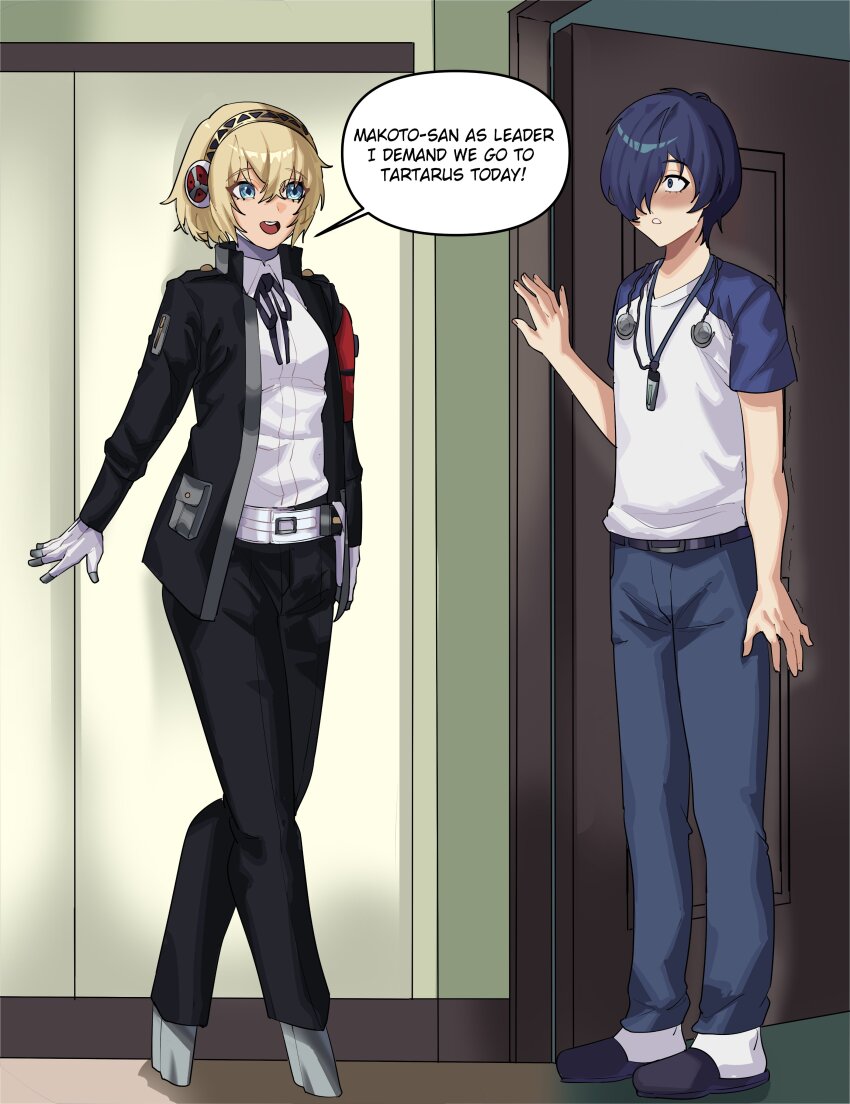 1boy 1girl absurdres aigis_(persona) alula456 android armband blonde_hair blue_eyes blue_hair blush bow crossdressing digital_media_player digital_walkman english_text finger_cannon gekkoukan_high_school_uniform hair_over_one_eye headphones highres indoors jacket long_sleeves open_mouth persona persona_3 red_armband robot_ears robot_girl s.e.e.s school_uniform shirt short_hair slippers speech_bubble walkman_nw-s203f white_shirt yuuki_makoto_(persona_3)