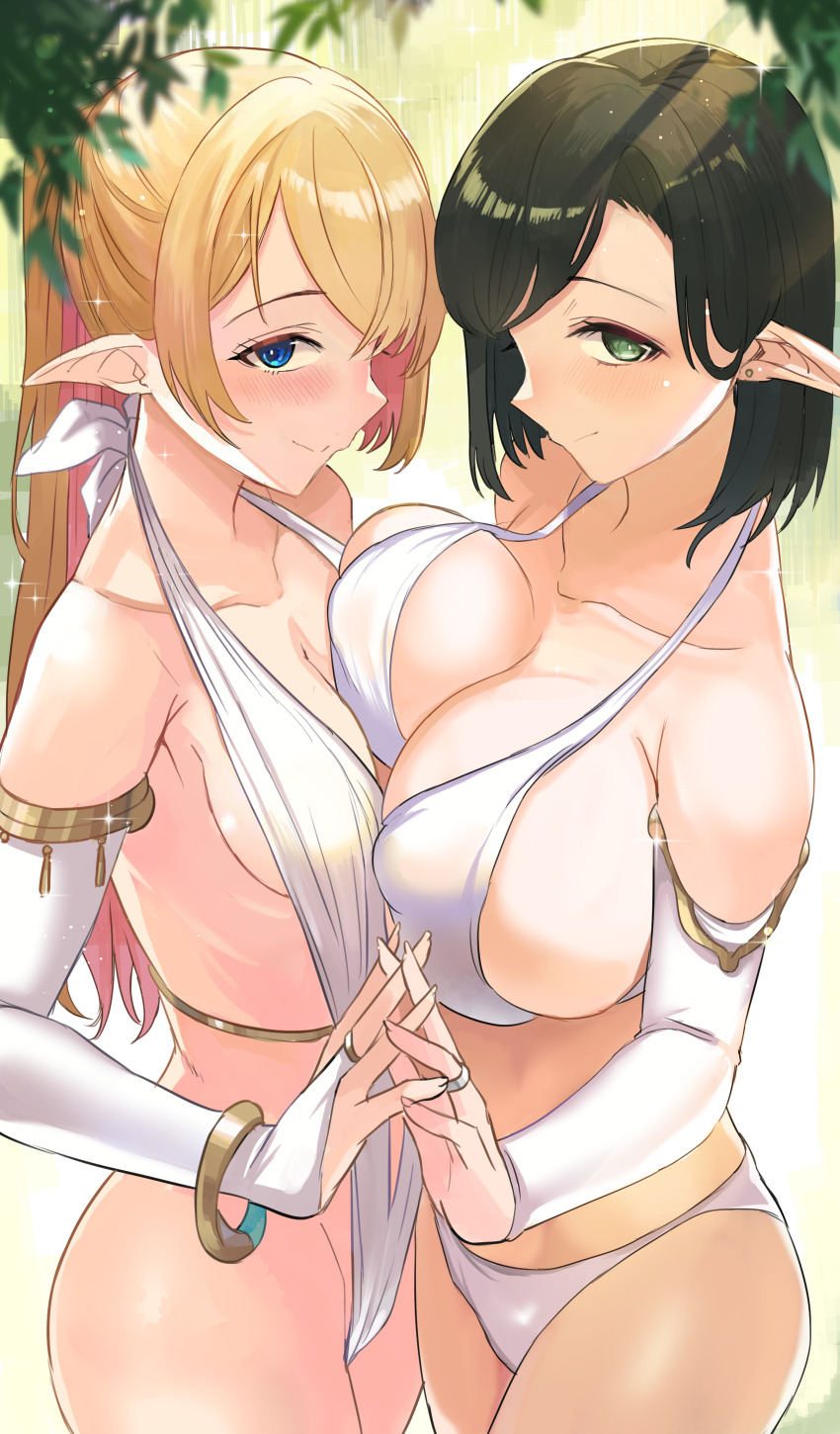 2girls absurdres armlet ashita_(2010) black_hair blonde_hair blue_eyes breasts commission elf forest green_eyes highres irene_(ricky_barnes) jewelry large_breasts mature_female maya_(ricky_barnes) multiple_girls nature original pointy_ears revealing_clothes skeb_commission small_breasts yuri