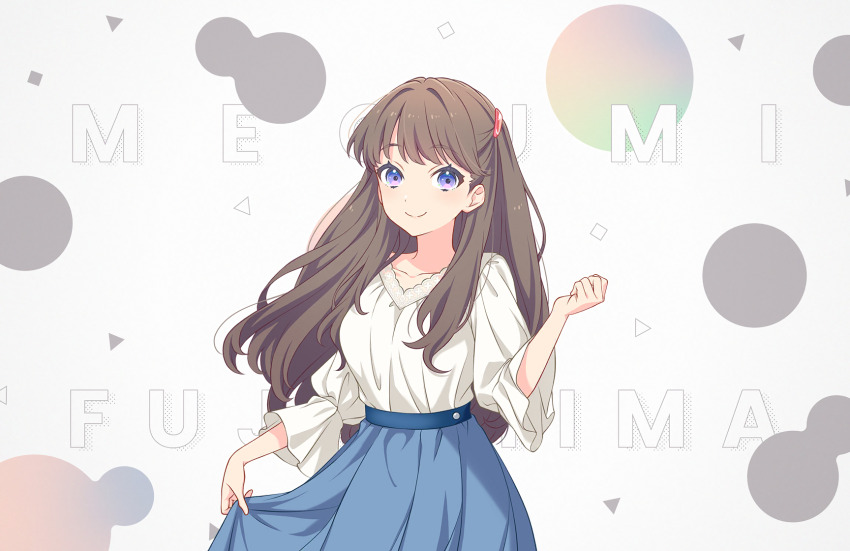 1girl abstract_background blue_skirt breasts brown_hair casual character_name closed_mouth collarbone cowboy_shot fujishima_megumi fujishima_megumi_(summer_casual) game_cg highres large_breasts link!_like!_love_live! long_hair looking_at_viewer love_live! official_alternate_costume official_art pleated_skirt purple_eyes shirt skirt skirt_hold three-quarter_sleeves smile solo split_mouth third-party_source two_side_up v-neck virtual_youtuber white_background white_shirt
