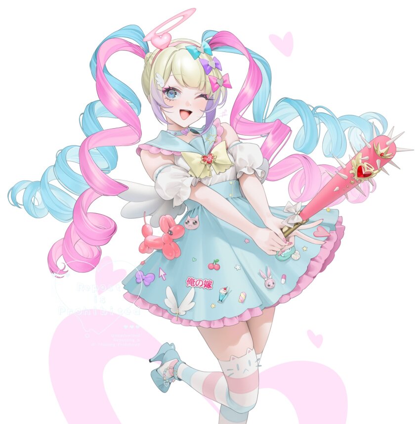 1girl animal_ear_legwear balloon_animal baseball_bat blonde_hair blue_bow blue_eyes blue_hair bow cat_ear_legwear choker chouzetsusaikawa_tenshi-chan club club_(weapon) cropped dress duplicate frilled_dress frilled_skirt frills hair_bow hair_ornament halo heart heart_choker heart_hair_ornament highres holding holding_baseball_bat long_hair looking_at_viewer multicolored_hair multicolored_nails multiple_hair_bows needy_girl_overdose ohisashiburi one_eye_closed pink_bow pink_hair purple_bow quad_tails sailor_collar simple_background skirt smile solo spiked_club striped_clothes striped_thighhighs thighhighs weapon white_background yellow_bow