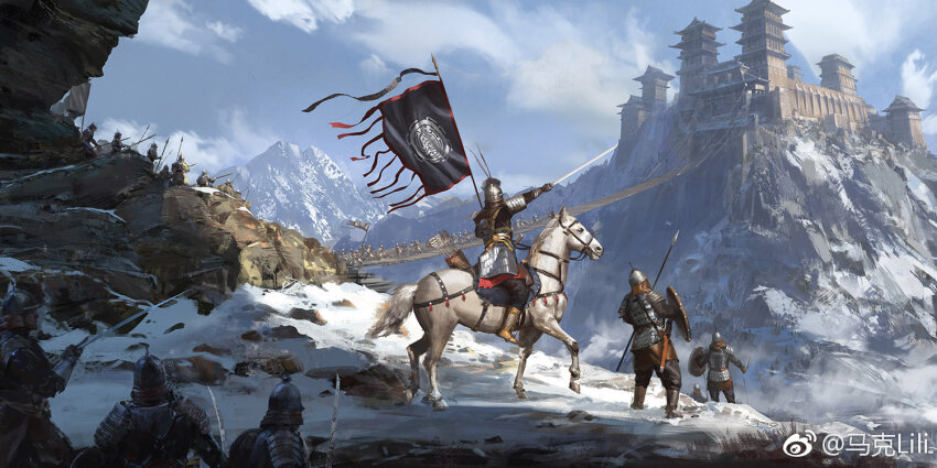 6+boys architecture armor army blue_sky bridge castle chinese_armor chinese_commentary cloud commentary_request day east_asian_architecture faulds flag fog from_behind full_armor holding holding_flag holding_polearm holding_reins holding_shield holding_sword holding_weapon horseback_riding male_focus mark_lili mountain multiple_boys original outdoors pointing pointing_forward polearm realistic reins riding sad shield sky snow spear sword war watermark weapon weibo_watermark