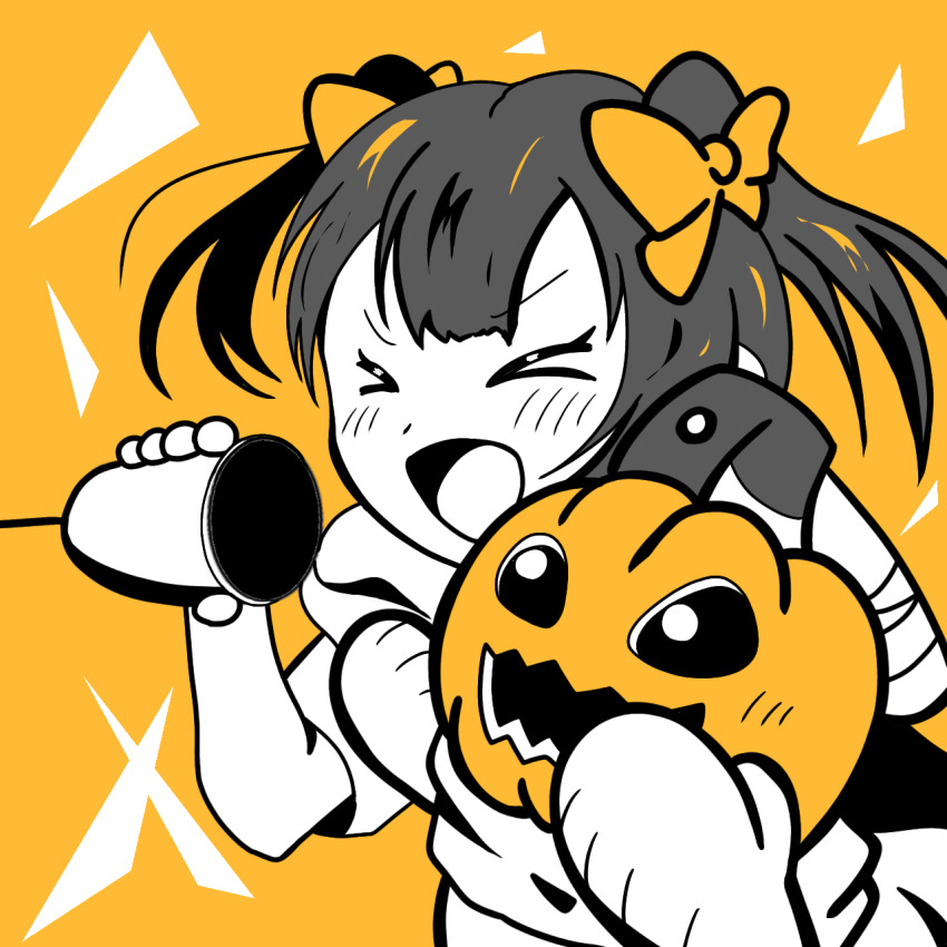 axe blush digimon digimon_(creature) digimon_rearise highres pumpkin pumpmon shouting tamada_nozomi