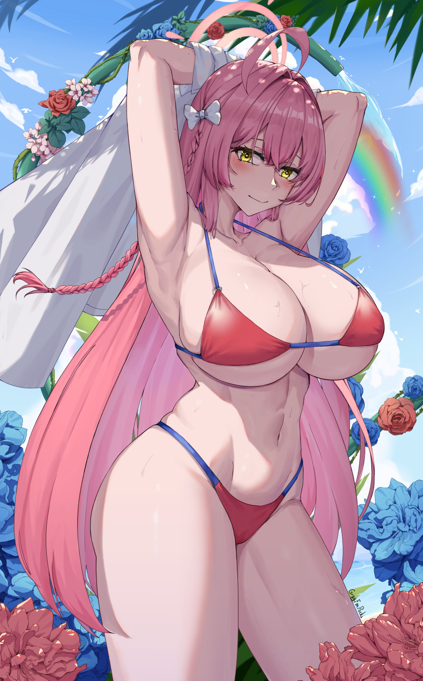 1girl absurdres ahoge arm_up armpits arms_behind_head arms_up bare_shoulders bikini blue_archive blue_sky blush breasts cleavage closed_mouth cloud cowboy_shot curvy day flower grayfoxpochi hair_between_eyes hair_ornament halo hanako_(blue_archive) hanako_(swimsuit)_(blue_archive) highleg highleg_bikini highres holding holding_hose hose huge_breasts long_hair looking_at_viewer navel official_alternate_costume outdoors pink_hair pink_halo rainbow red_bikini red_flower rose shirt skindentation sky smile solo standing stomach string_bikini swimsuit thick_thighs thighs unworn_shirt very_long_hair wet yellow_eyes