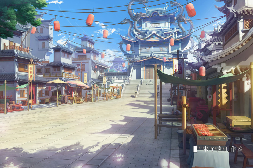 alcohol architecture banner blue_sky box building chair chinese_commentary chinese_text cloud commentary_request curtains day east_asian_architecture food grill hanging highres lantern market meat moonslanstudio no_humans original scenery shade shirt sky stairs sunlight table umbrella vase wine