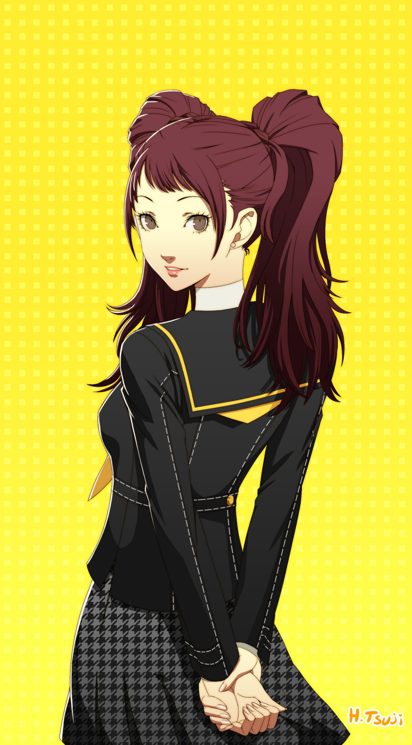 1girl absurdres arms_behind_back black_sailor_collar black_shirt brown_eyes brown_hair earrings from_behind hayatetsujimoto highres jewelry kujikawa_rise long_hair long_sleeves looking_at_viewer looking_back miniskirt neckerchief official_style parted_lips persona persona_4 pleated_skirt print_skirt sailor_collar school_uniform serafuku shirt skirt smile soejima_shigenori_(style) solo standing twintails yellow_background yellow_neckerchief