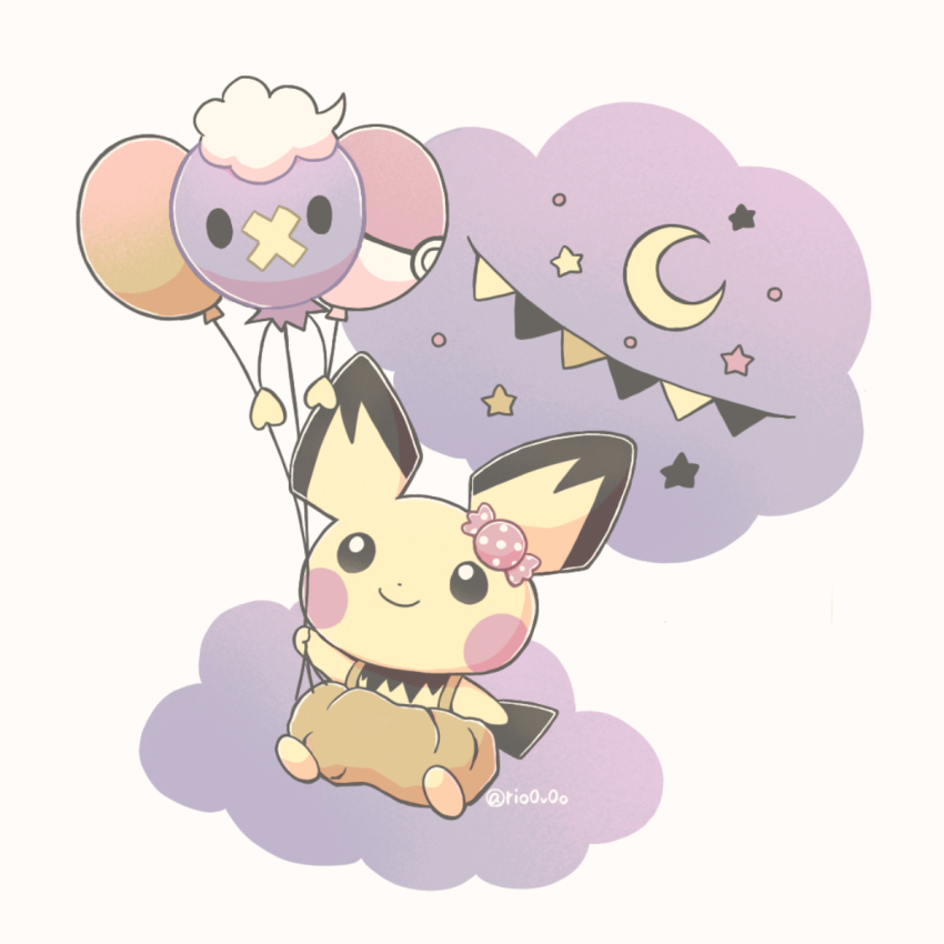 animal_focus black_eyes bow bright_pupils closed_mouth commentary_request crescent_moon drifloon full_body game_freak gen_2_pokemon gen_4_pokemon highres looking_up moon nintendo no_humans orange_shorts pichu poke_ball poke_ball_(basic) pokemon pokemon_(creature) polka_dot polka_dot_bow puffy_shorts rio_(rio0v0o) shorts simple_background sitting solo white_pupils