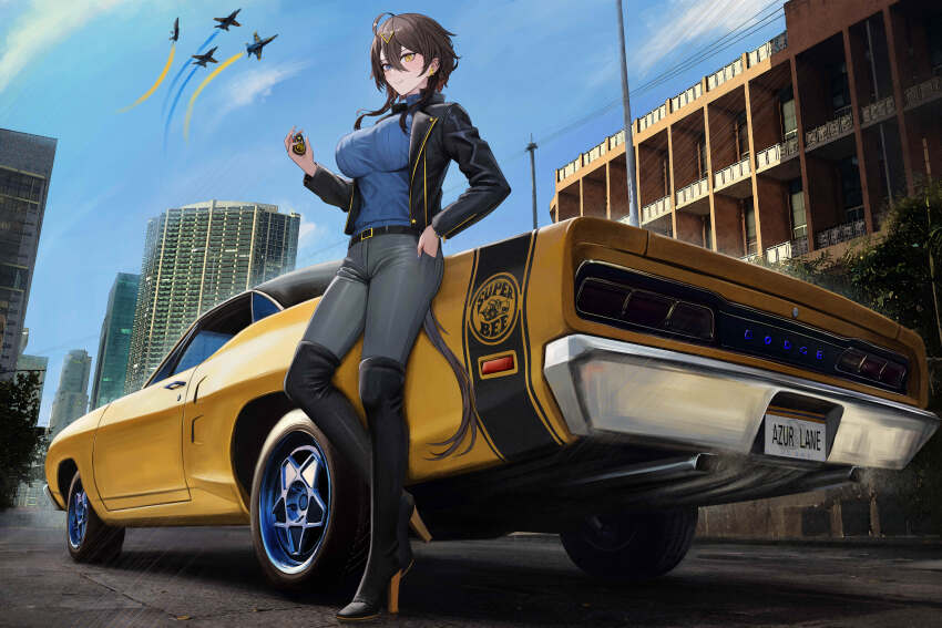 1girl absurdres aircraft airplane alternate_costume azur_lane boots car city commission copyright_name day dodge_(company) dodge_super_bee fighter_jet full_body georgia_(azur_lane) hair_between_eyes heterochromia high_heel_boots high_heels highres jacket kcar66t license_plate location_request looking_at_viewer military_vehicle motor_vehicle muscle_car product_placement thigh_boots vehicle_focus
