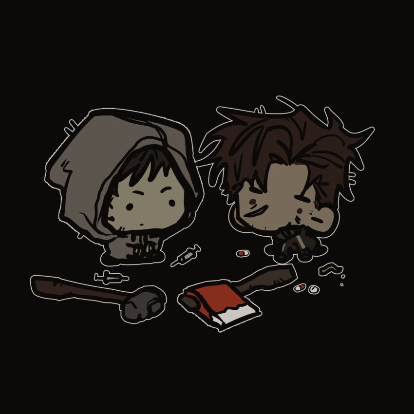 2boys afraid_of_monsters axe black_gloves black_hair black_hoodie brown_hair chibi chibi_only cry_of_fear david_leatherhoff drugs facial_hair fire_axe full_body gloves goatee_stubble gun hammer highres hood hood_down hood_up hoodie ju-san looking_at_another male_focus messy_hair multiple_boys on_ground pill print_hoodie scar scar_on_face short_hair simon_henriksson sitting solo stubble syringe weapon
