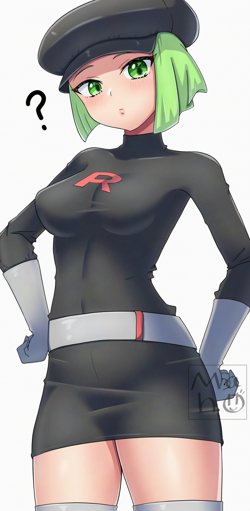 1girl ? absurdres belt breasts closed_mouth commentary_request cowboy_shot gloves green_eyes green_hair grey_belt grey_gloves hands_on_own_hips hat highres logo looking_at_viewer looking_down maho_(corotonton5150) nintendo pokemon pokemon_frlg short_hair solo team_rocket team_rocket_grunt team_rocket_uniform thighhighs white_background