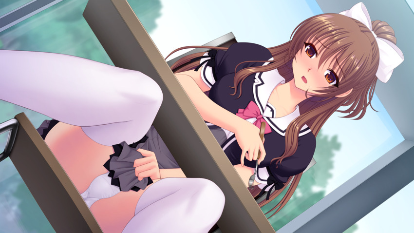 1girl blush bow brown_eyes brown_hair chair dutch_angle embarrassed game_cg hair_bow indoors kourin_tenshi_en_ciel_rena large_variant_set long_hair non-web_source official_art open_mouth panties pantyshot pen pencil pleated_skirt ponytail saitou_natsuki school_uniform sitting skirt skirt_tug solo suhamaya table thighhighs tomoe_rena underwear upskirt variant_set white_bow white_panties white_thighhighs window