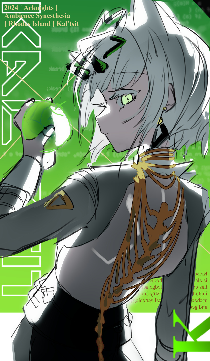 1girl absurdres animal_ears arknights closed_mouth colored_eyelashes english_text from_behind green_background green_eyes grey_hair grey_shirt hand_up highres holding hp_1_(user_trjt3473) kal&#039;tsit_(ambience_synesthesia)_(arknights) kal&#039;tsit_(arknights) long_sleeves looking_at_viewer looking_back mirrored_text shirt solo