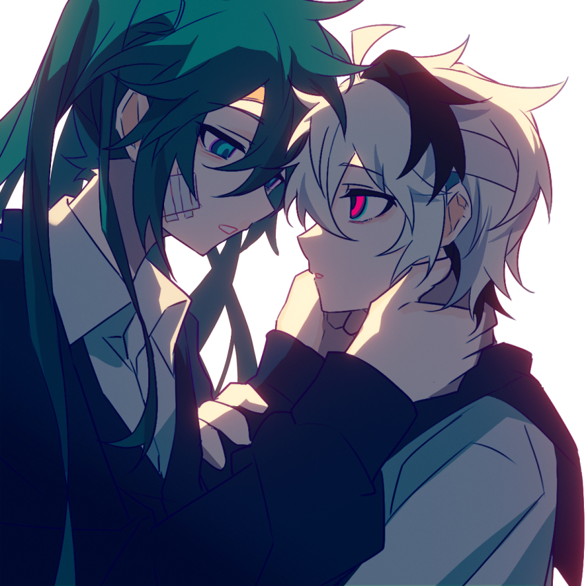 2girls ahoge backlighting black_hair black_jacket black_sailor_collar collared_shirt eye_contact face-to-face flower_(vocaloid) flower_(vocaloid4) from_side gauze gauze_on_cheek green_eyes green_hair hair_between_eyes hand_on_another&#039;s_arm hands_on_another&#039;s_neck hashtag-only_commentary hatsune_miku jacket long_hair long_sleeves looking_at_another multicolored_hair multiple_girls parted_lips pink_eyes profile sailor_collar shirt short_hair simple_background streaked_hair teeth twintails two-tone_hair upper_body vocaloid white_background white_hair white_shirt ximuye