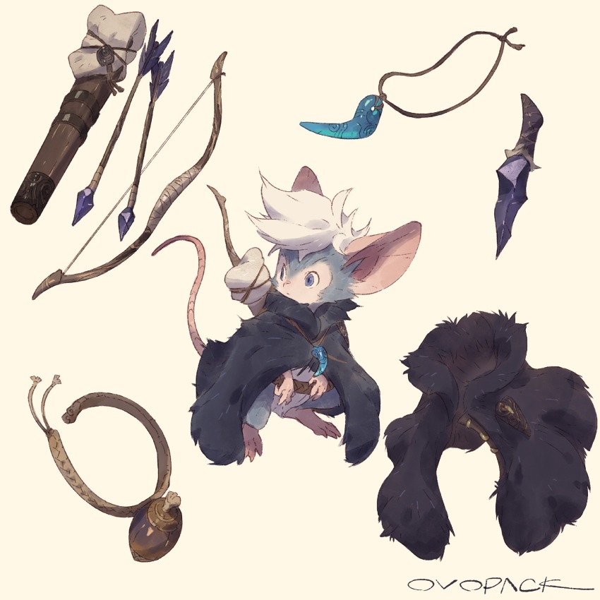 animal animal_focus arrow_(projectile) artist_name belt black_cloak blue_eyes bow_(weapon) reference_sheet cloak clothed_animal commentary dagger from_side full_body highres jewelry knife looking_to_the_side mito_(murayama_ryota) mouse_(animal) murayama_ryota no_humans original pendant quiver short_hair signature simple_background solo standing tail unworn_belt unworn_cloak weapon weapon_on_back white_background white_hair