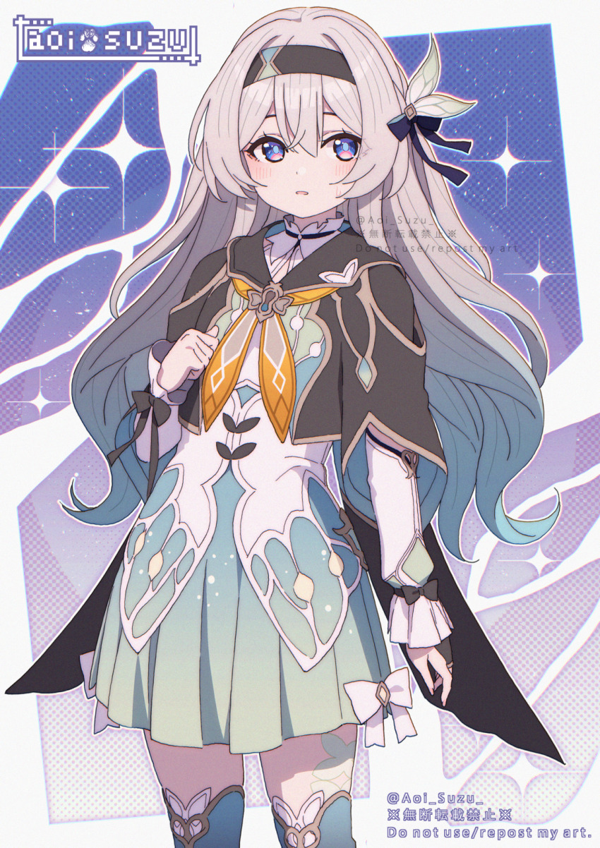 1girl aoi_suzu black_jacket blush breasts cropped_jacket dress firefly_(honkai:_star_rail) green_skirt grey_hair hair_ornament hairband highres honkai:_star_rail honkai_(series) jacket long_hair long_sleeves looking_at_viewer medium_breasts neckerchief orange_neckerchief purple_eyes shirt skirt solo thighhighs thighs two-tone_dress white_shirt