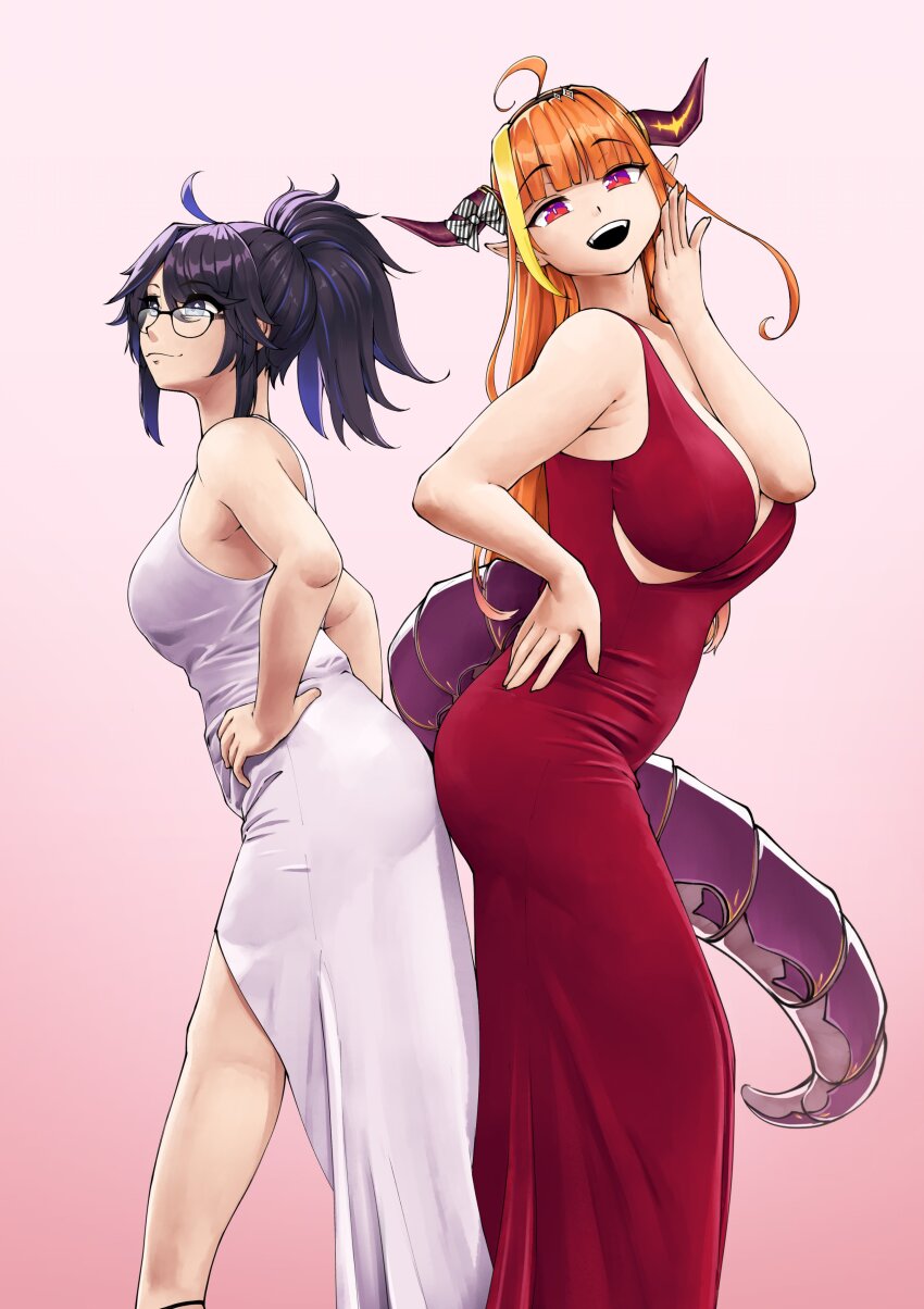 2girls absurdres ahoge ass ass-to-ass bare_shoulders black_hair blonde_hair blue_eyes blue_hair blunt_bangs bow breasts commentary dragon_girl dragon_horns dragon_tail dress fangs glasses highres hololive horn_bow horn_ornament horns juliantheturtle kiryu_coco kson large_breasts long_hair looking_at_viewer medium_breasts medium_hair multicolored_hair multiple_girls open_mouth orange_hair pointy_ears ponytail red_dress red_eyes sidelocks simple_background standing streaked_hair tail two-tone_hair virtual_youtuber voice_actor_connection vshojo white_dress
