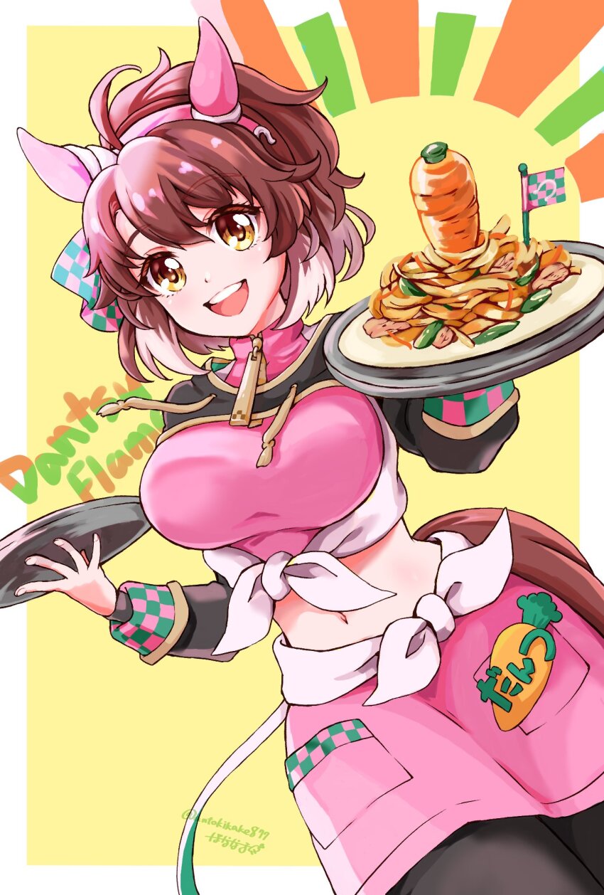 1girl animal_ears breasts carrot character_name commentary_request dantsu_flame_(umamusume) food hair_between_eyes hair_ornament headband highres horse_ears horse_girl large_breasts looking_at_viewer medium_hair midriff navel occhahoi pantyhose plate shorts solo sonna877san teeth umamusume upper_teeth_only