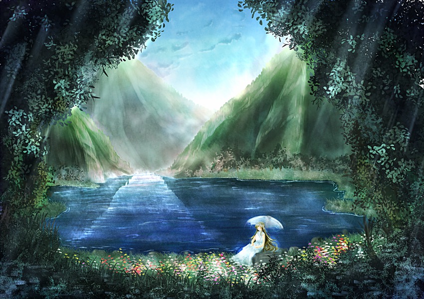 1girl blonde_hair blue_sky day dress female_focus field flower flower_field lake long_hair mountain original pandora-ex scenery sky solo tree umbrella white_dress