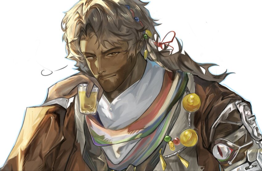 1boy beard benzeny brown_coat brown_eyes brown_hair coat cup dark-skinned_male dark_skin facial_hair hair_ornament hand_on_own_cheek hand_on_own_face hand_up highres holding holding_cup long_hair looking_at_viewer male_focus mature_male puff_of_air reverse:1999 shamane smile solo upper_body white_background