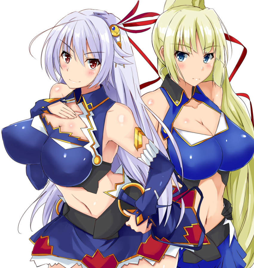 10s 2girls armpits bare_shoulders blonde_hair blue_eyes blush breast_suppress breasts cleavage cleavage_cutout clothing_cutout elbow_gloves eleonora_viltaria gloves hair_ornament hand_on_own_chest hand_on_own_hip large_breasts limalisha long_hair looking_at_viewer madan_no_ou_to_vanadis midriff multiple_girls navel red_eyes side_ponytail silver_hair simple_background smile takara_joney white_background