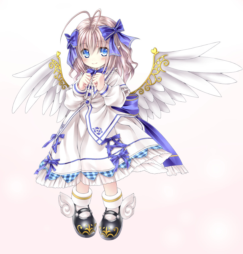 1girl ahoge angel_feather_alma angel_wings antenna_hair black_boots blue_eyes blue_ribbon boots dress emil_chronicle_online feathered_wings frills hair_ornament hair_ribbon highres maou_mikage pointy_ears ribbon smile white_background white_dress white_hair white_wings wings